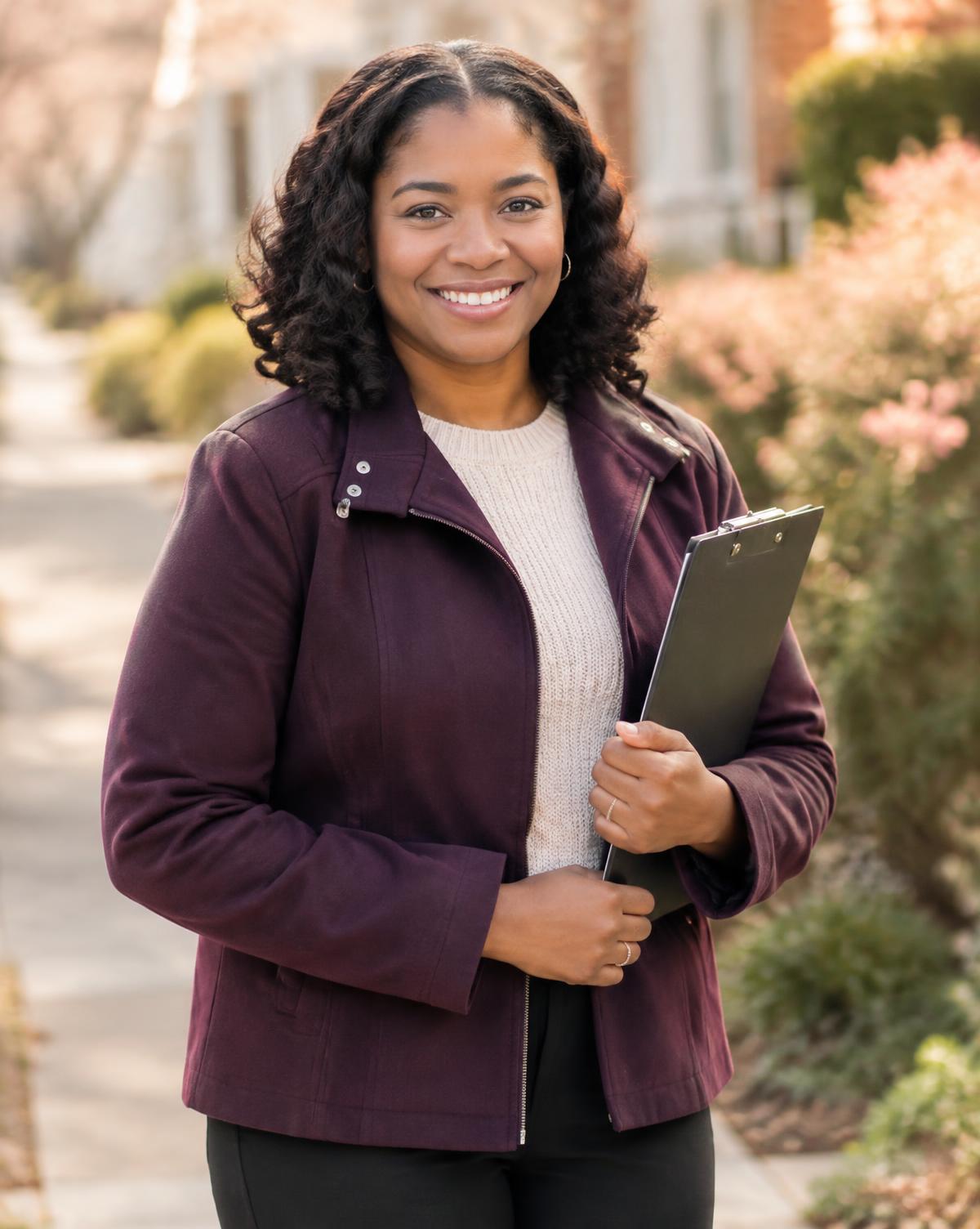 A smiling field professional holding a clipboard on a neighborhood sidewalk
