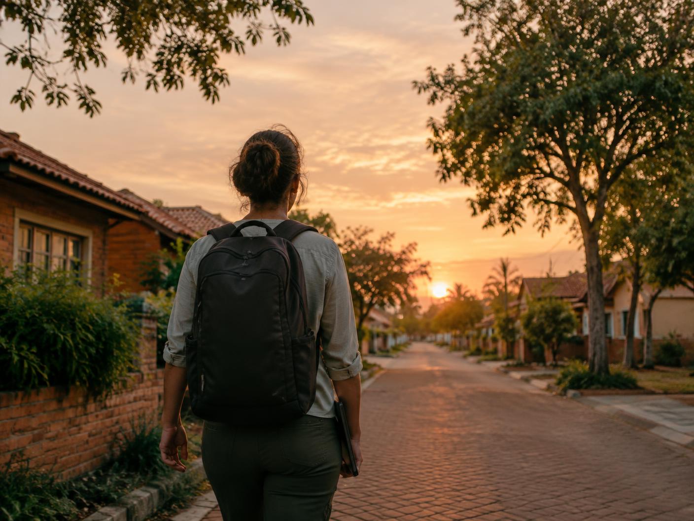 A field professional with a backpack walks down a tree-lined residential street at sunset